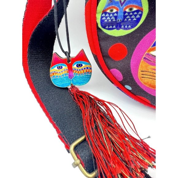 Laurel Burch Feline Faces Round Crossbody Purse Bag Cats Kitty Multicolored - Picture 3 of 10